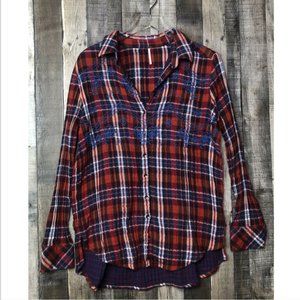 Free People Magical Red Plaid Embroidered Boyfriend Fit Western Flannel Large